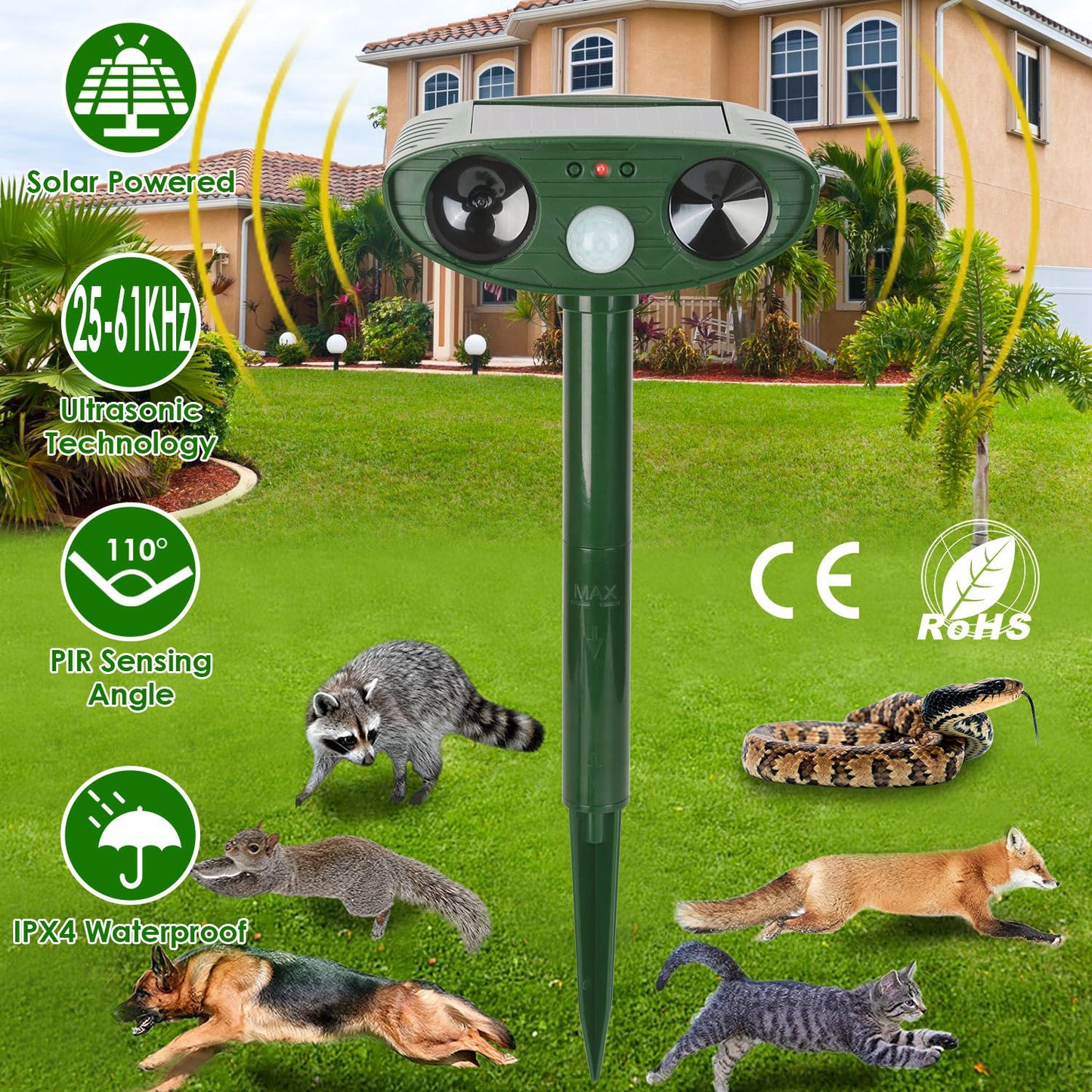 Solar Ultrasonic Animal Repeller with PIR Motion Sensor - Waterproof