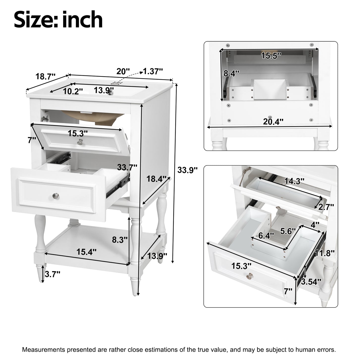 20'' White Bathroom Vanity with Ceramic Sink & Storage Cabinet