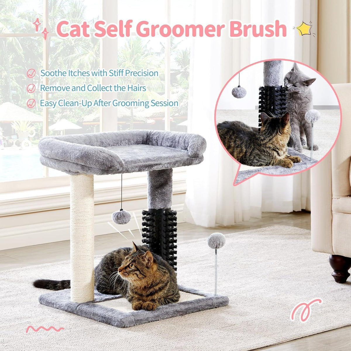 Small 4-in-1 Cat Tree Tower with Self-Grooming Brush & Sisalg Scratching Post - Grey