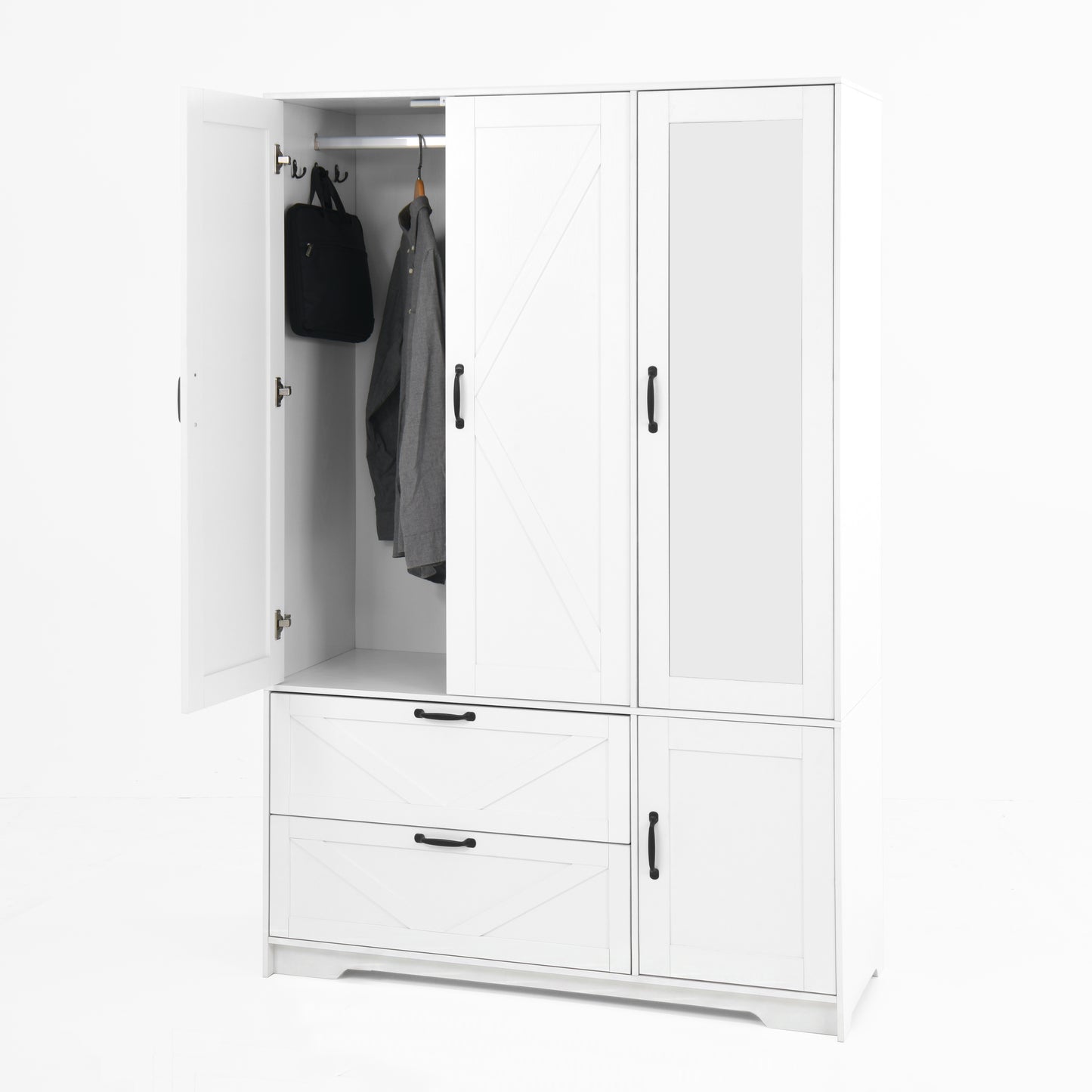 4-Door White Wardrobe Closet with Mirror & LED Lighting