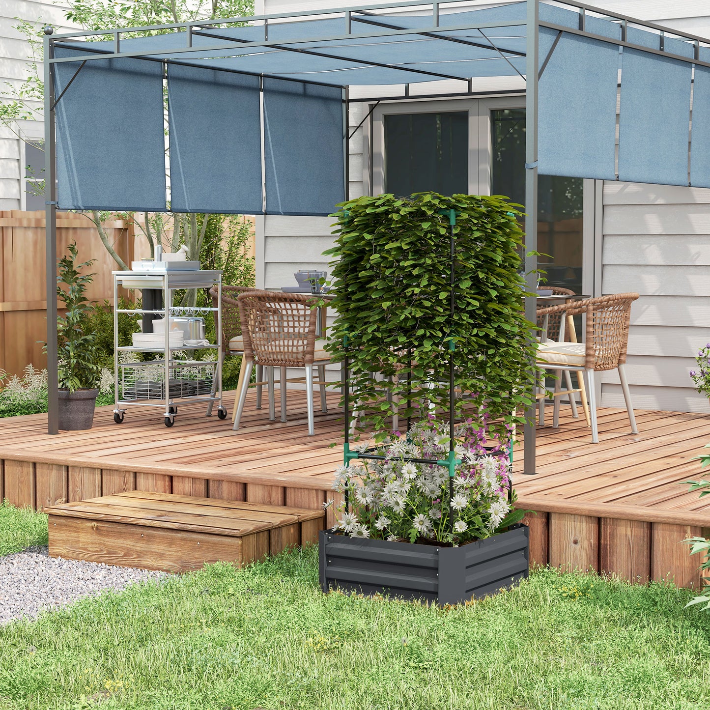 Galvanized Raised Garden Bed with Tomato Cage - 24x24x55 Inches, Dark Gray
