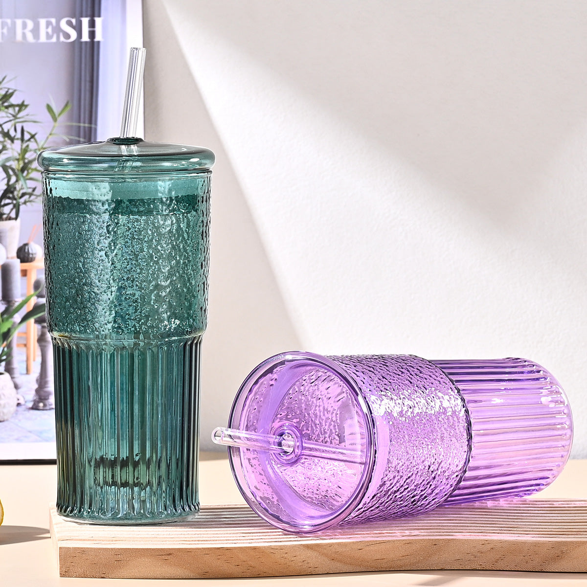 20 Oz Purple Glass Straw Cups - 2-Pack Heat-Resistant Drinkware