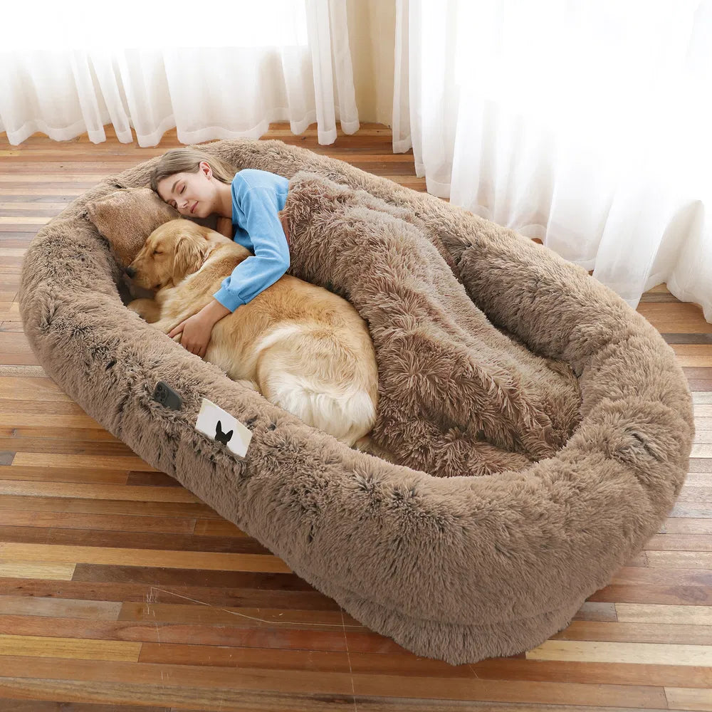 Large Human Dog Bed with Faux Fur Cover, Orthopedic Napping Pillow & Blanket