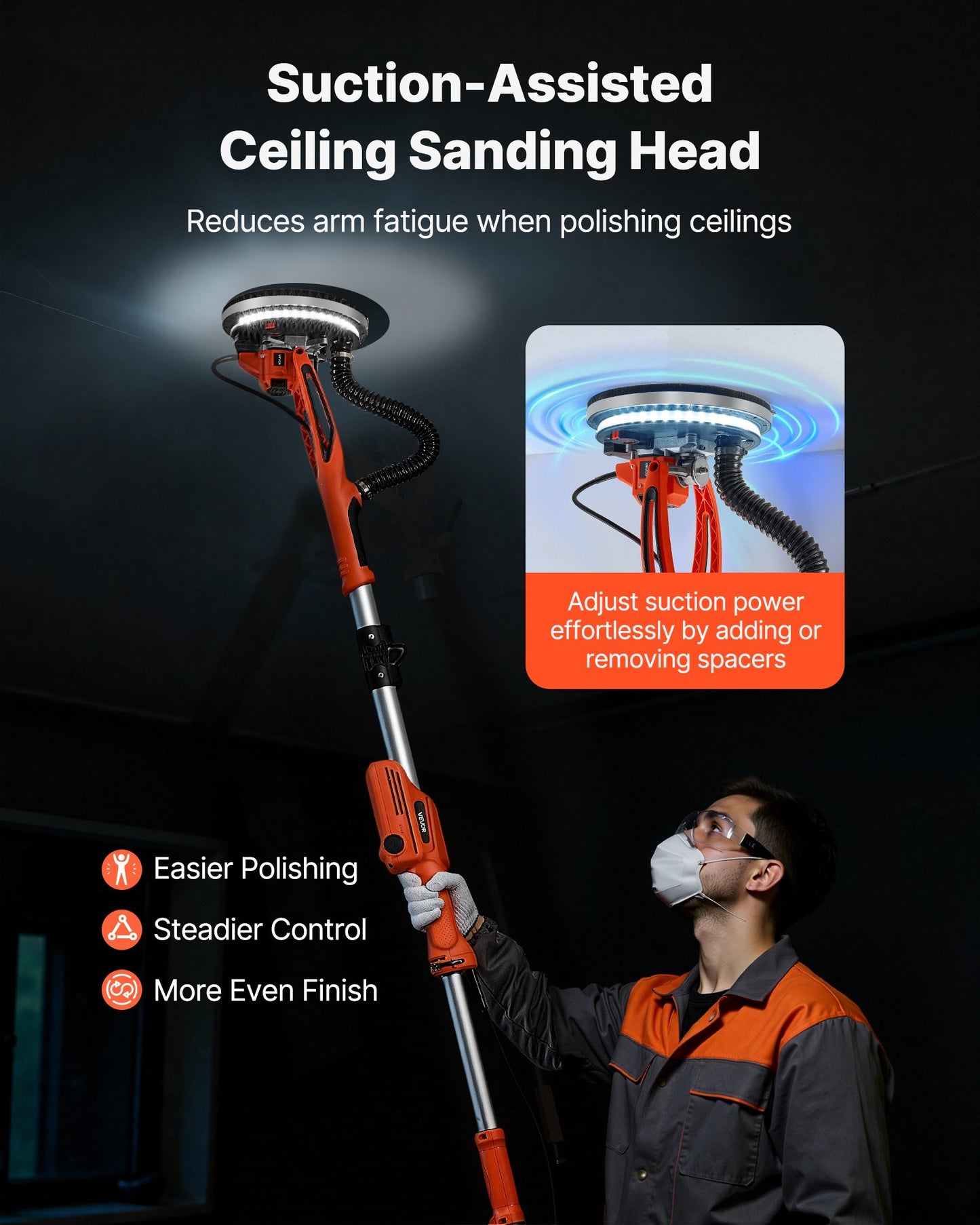 Electric Drywall Sander 950W with LED Light & Variable Speed for Ceiling & Wall Sanding - Black