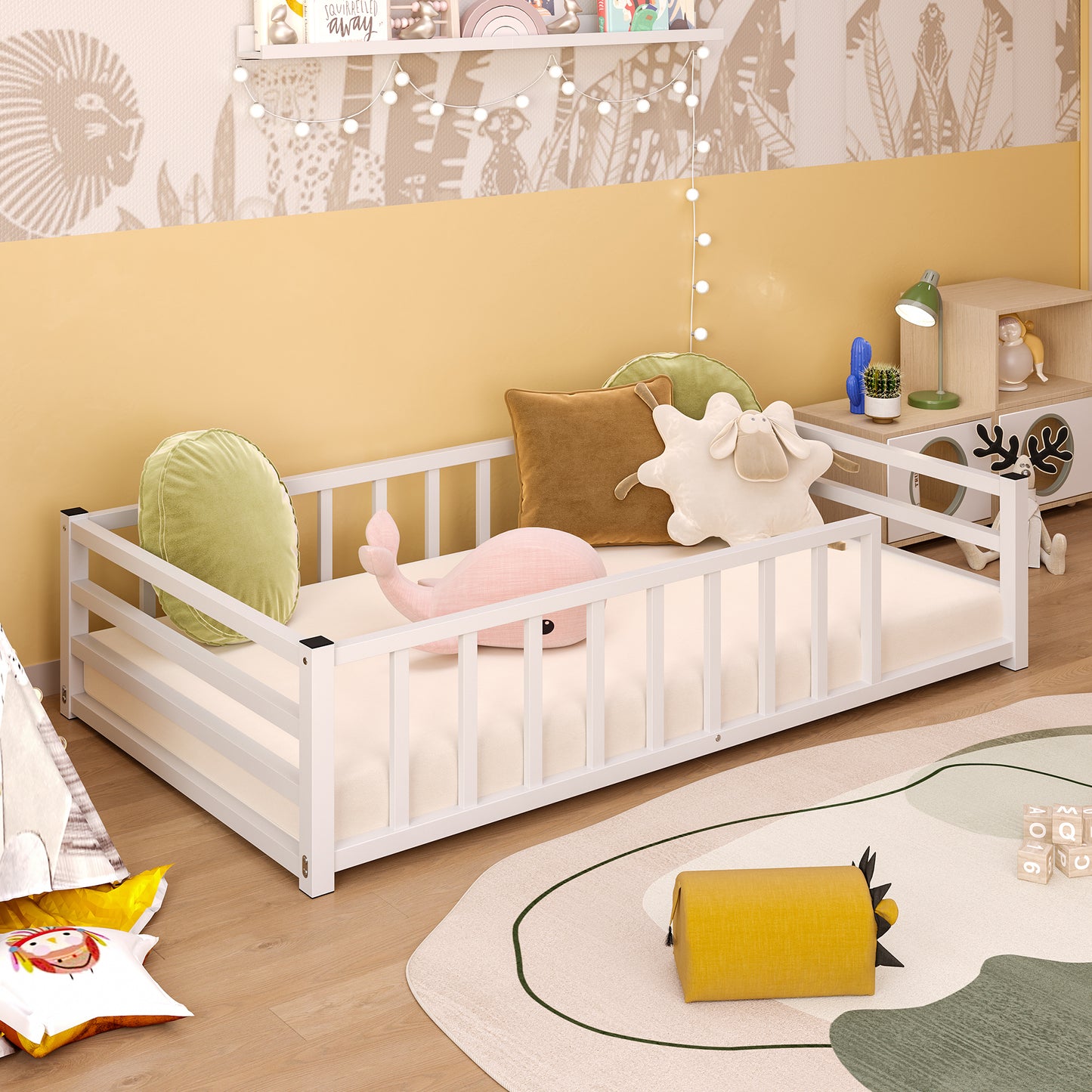 Twin Size Low Profile Metal Bed Frame with Guardrails - White
