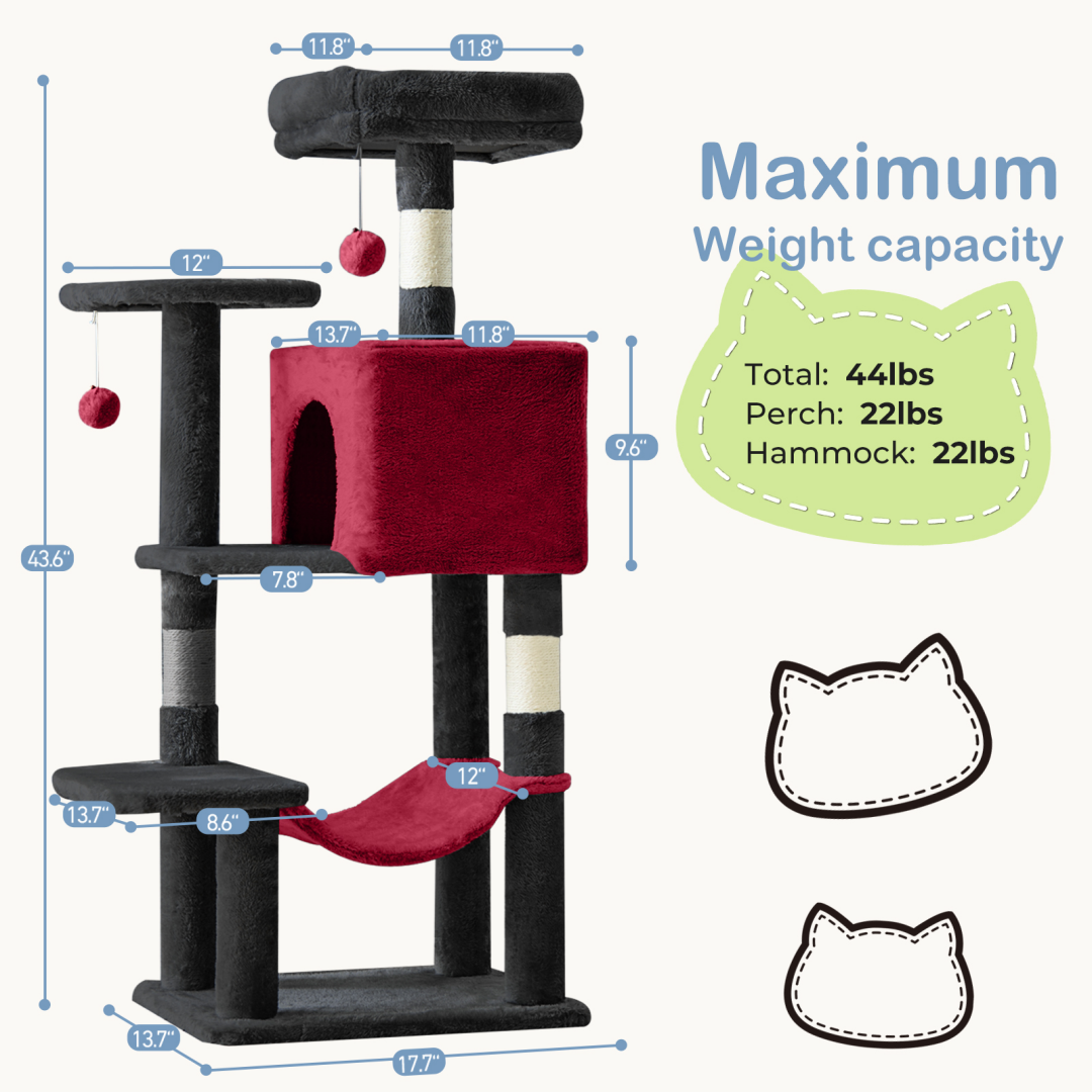 44-Inch Multi-Level Cat Tree Tower with Scratching Posts, Platforms & Hammock