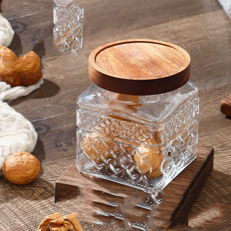 Glass Storage Jar with Wooden or Bamboo Cover - Snack, Tea, Household Sealed Container