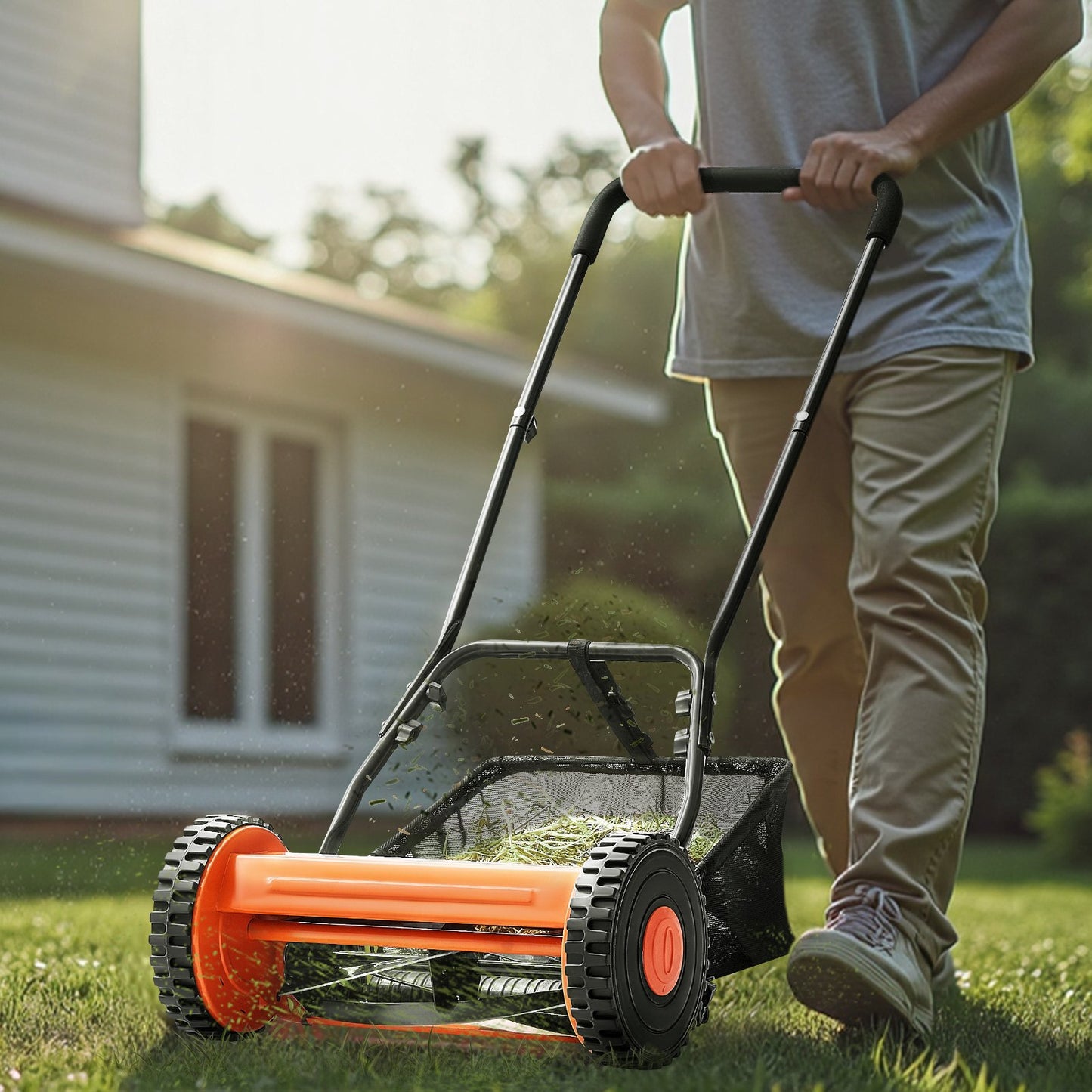 14-Inch Manual Push Reel Lawn Mower with 5-Blade, Adjustable Height, Multicolor