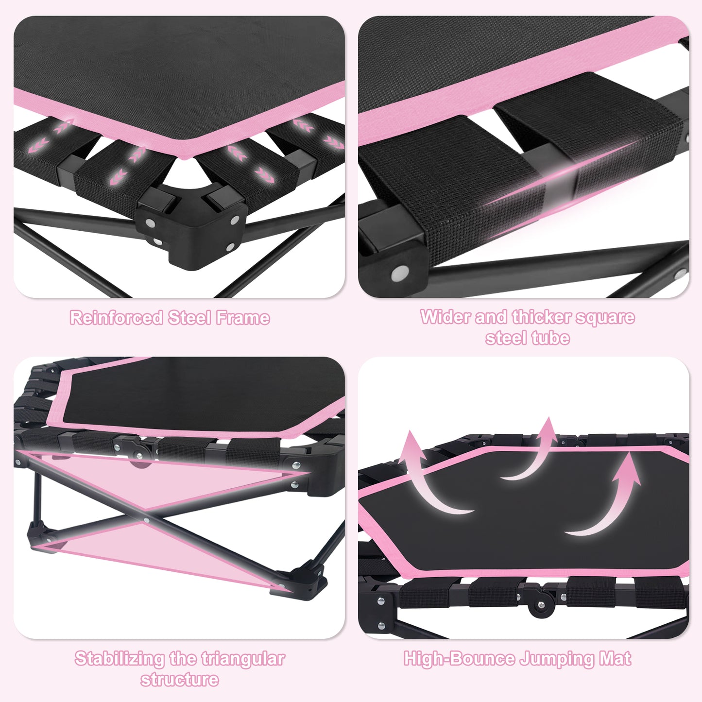 Foldable Mini Trampoline for Adults - 330lbs Capacity, Adjustable T-Bar, Indoor & Outdoor Workout - Pink