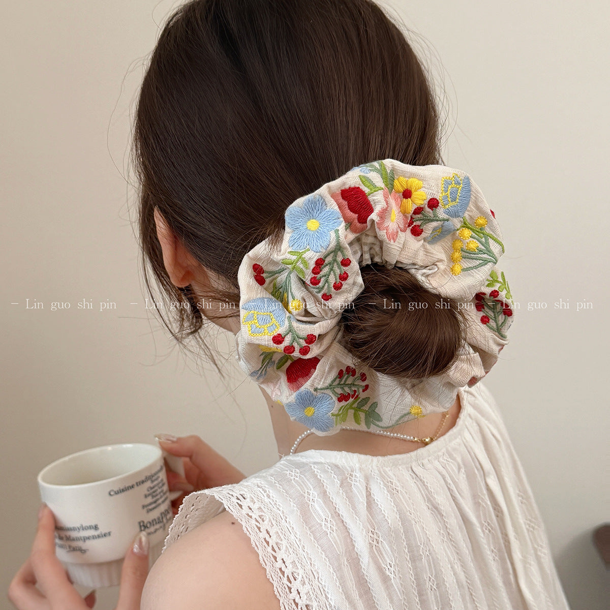 Embroidered Fabric Hair Tie Scrunchie for Buns & Ponytails