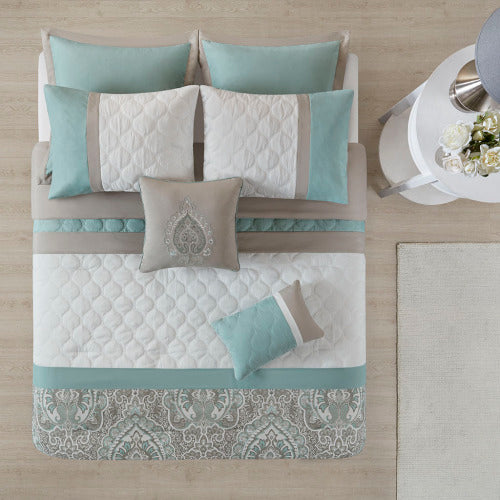 Queen 8 Piece Seafoam Comforter Set - Quilted & Damask Design