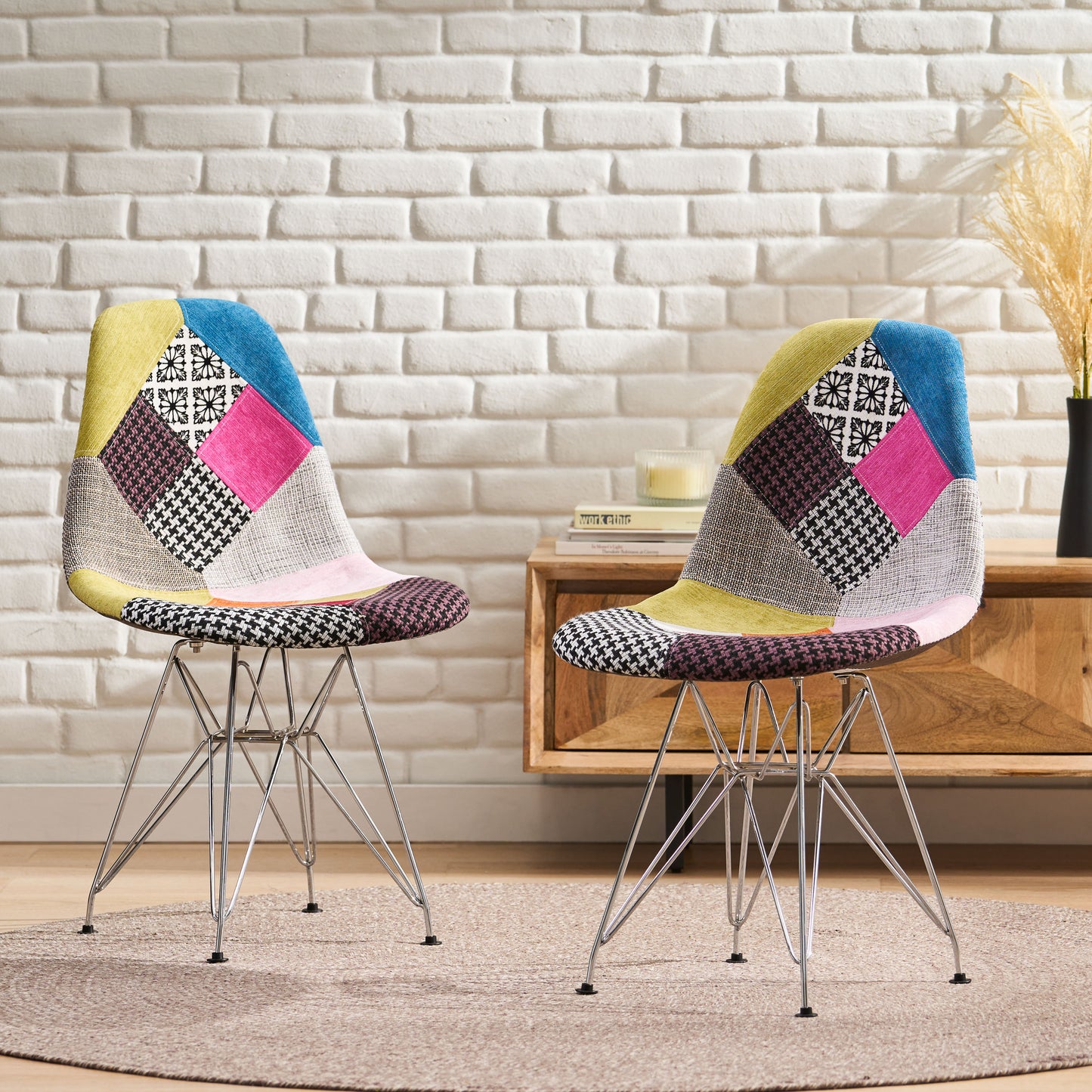 Patchwork Accent Chair Bohemian Style Fabric With Chromed Legs