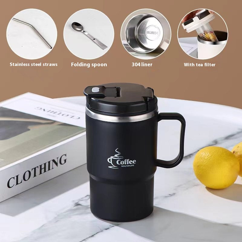 Stainless Steel Mug Cup with Cover and Folding Spoon - Ins Style