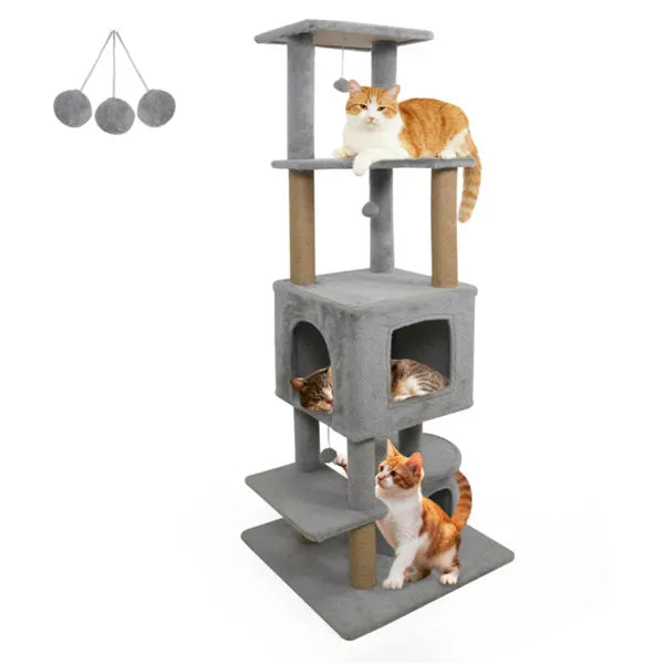 64-Inch Light Gray Cat Tower with Plush Perches & Scratching Posts