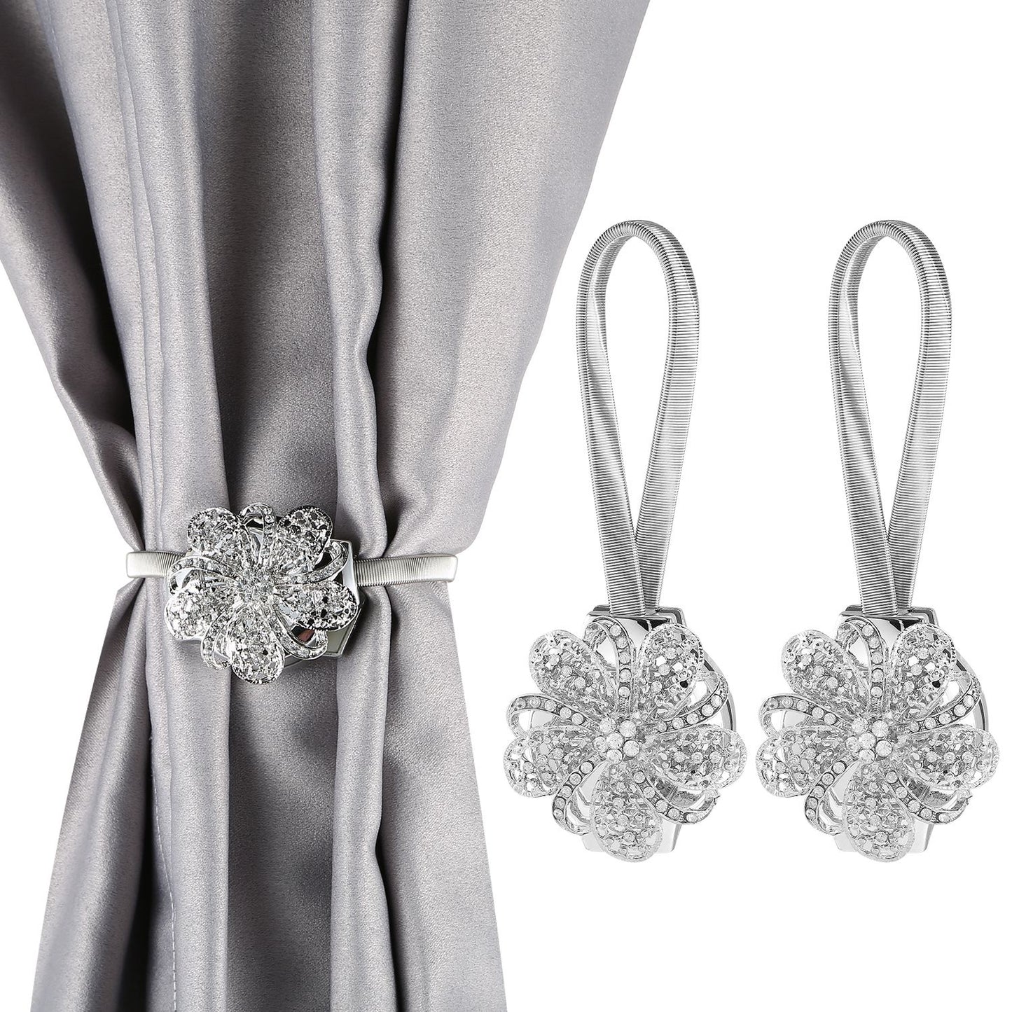 Magnetic Curtain Tiebacks - 2 Pack Silver Floral Holders