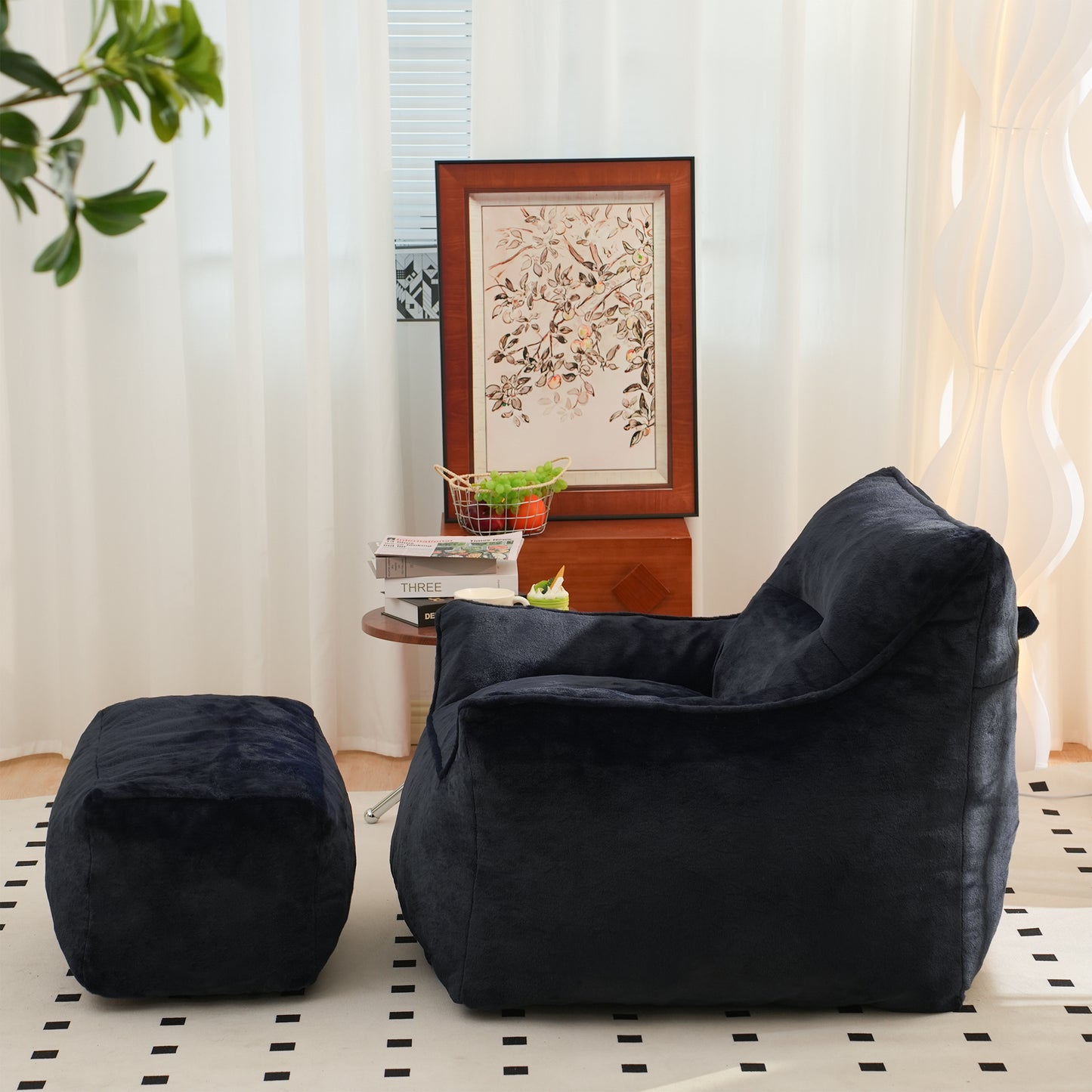 Navy Blue Faux Fur Bean Bag Chair - Comfy Foam Sofa for All Ages
