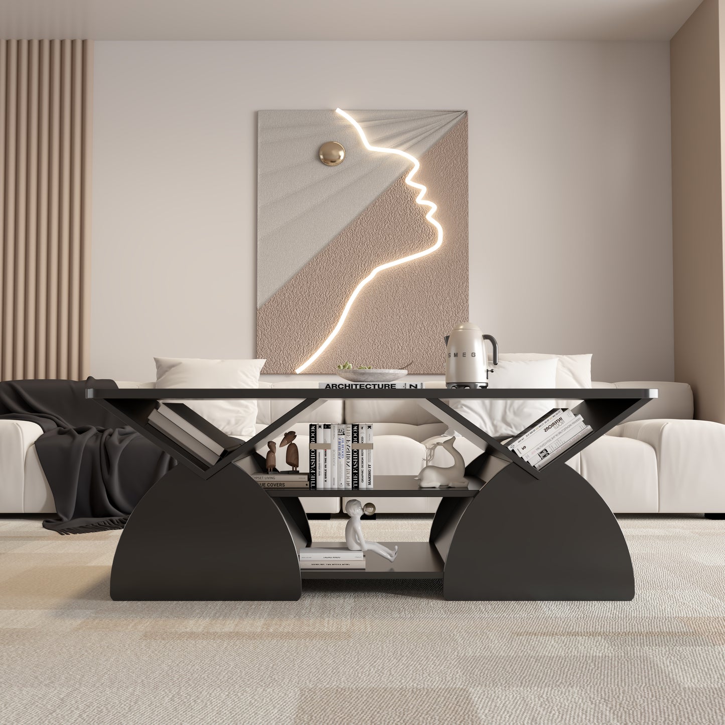 Engineered Wood Rounded Corner Rectangular Coffee Table For Living