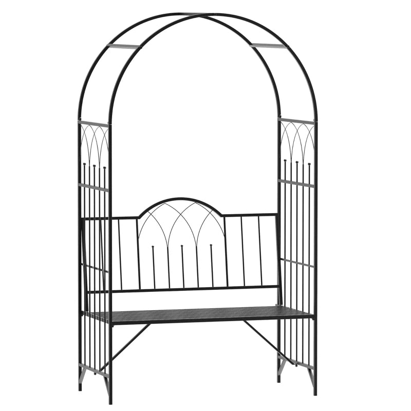 Outdoor Metal Trellis Arbor with Garden Bench for Climbing Plants, Black, 484 lbs Capacity