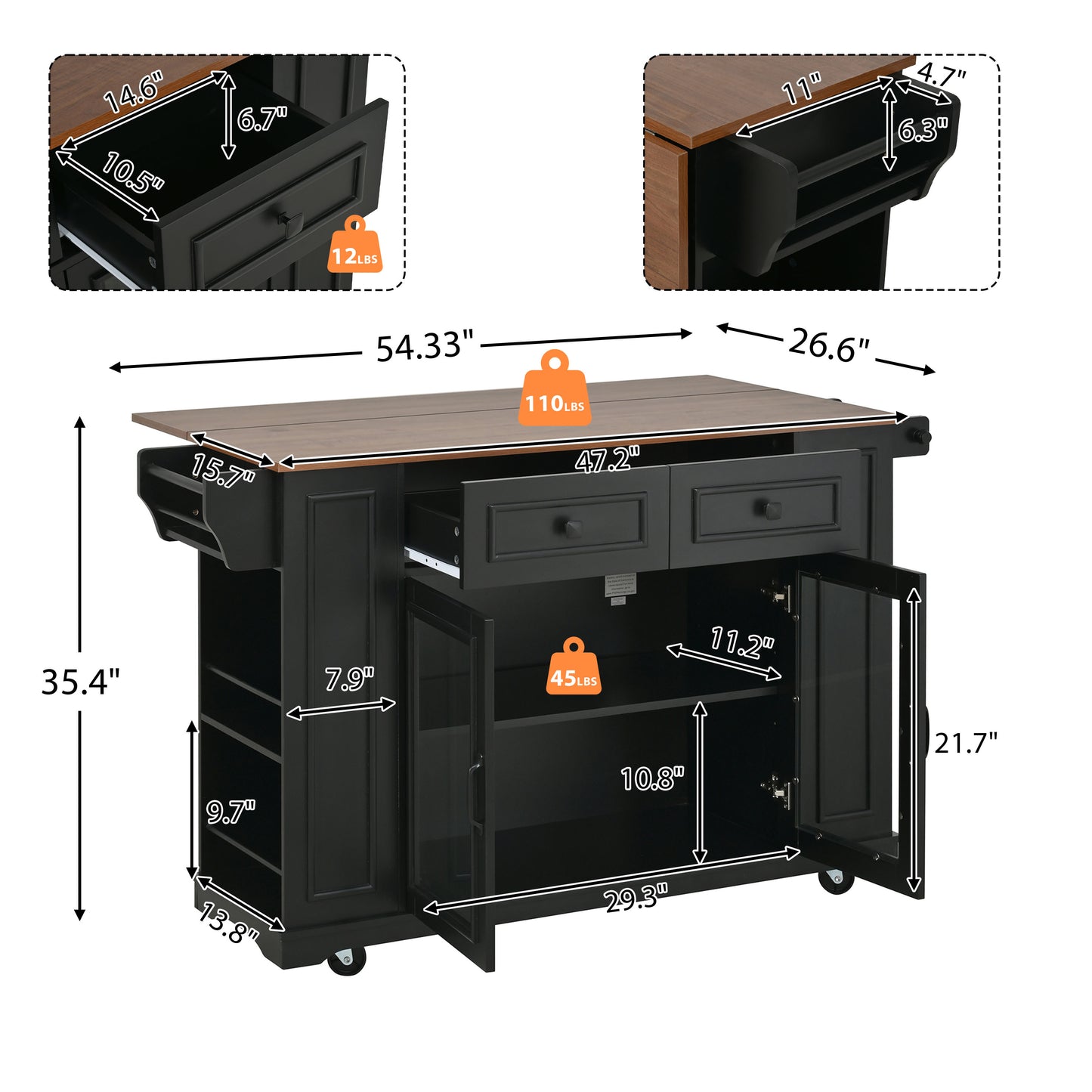 54" Mobile Kitchen Island with Glass Door Storage & Power Outlet