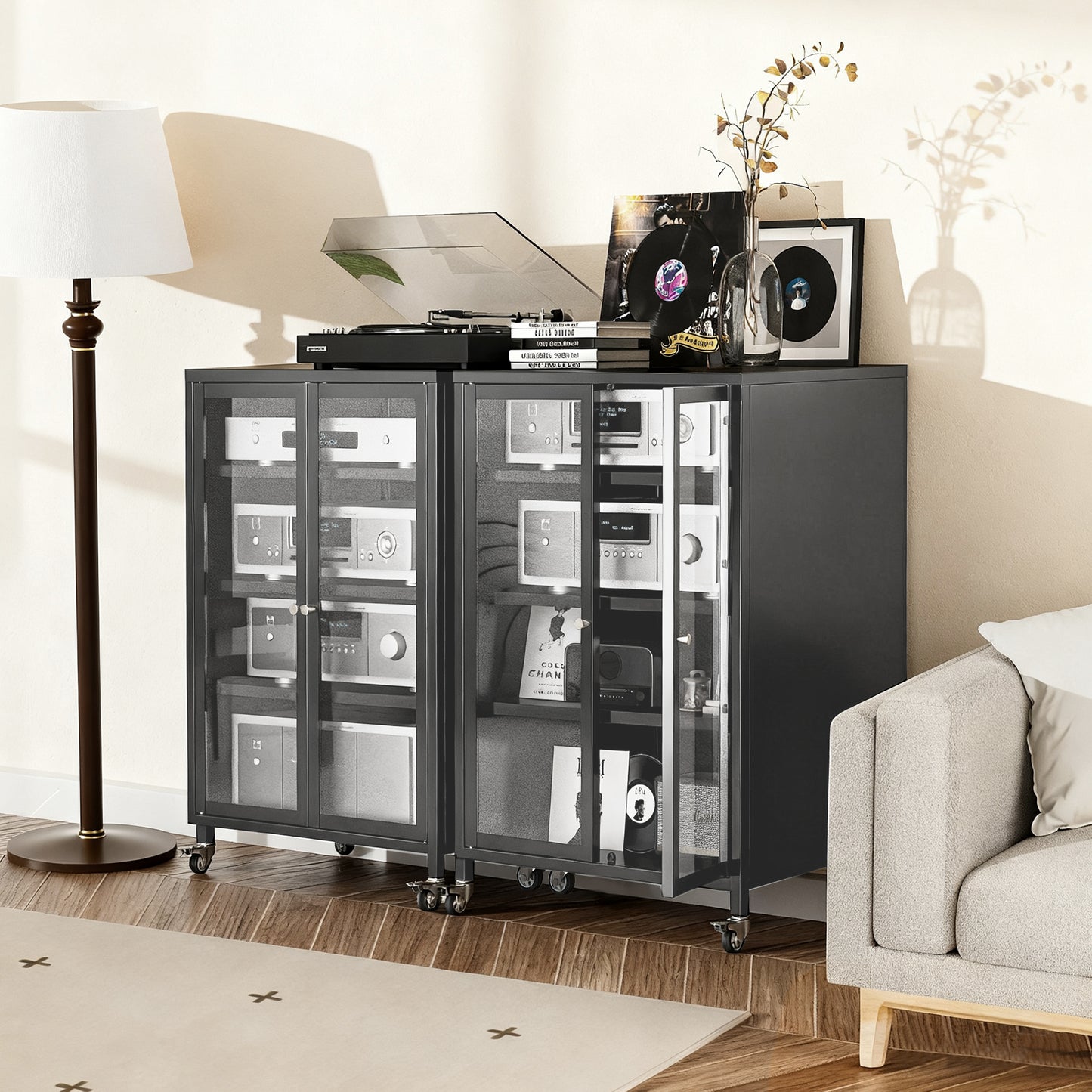35.8" High Media Storage Cabinet with Wheels - Black