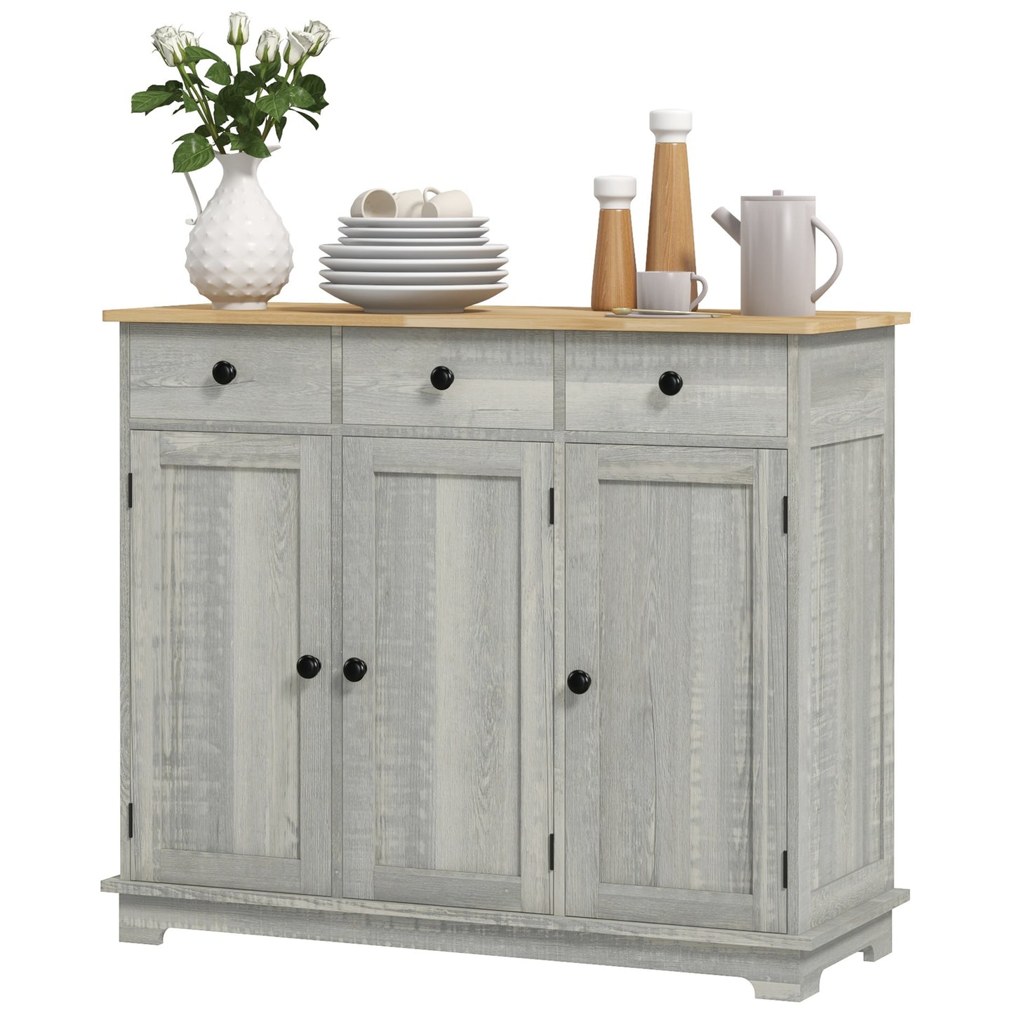 Kitchen Storage Cabinet with Adjustable Shelf & 3 Drawers - Light Gray