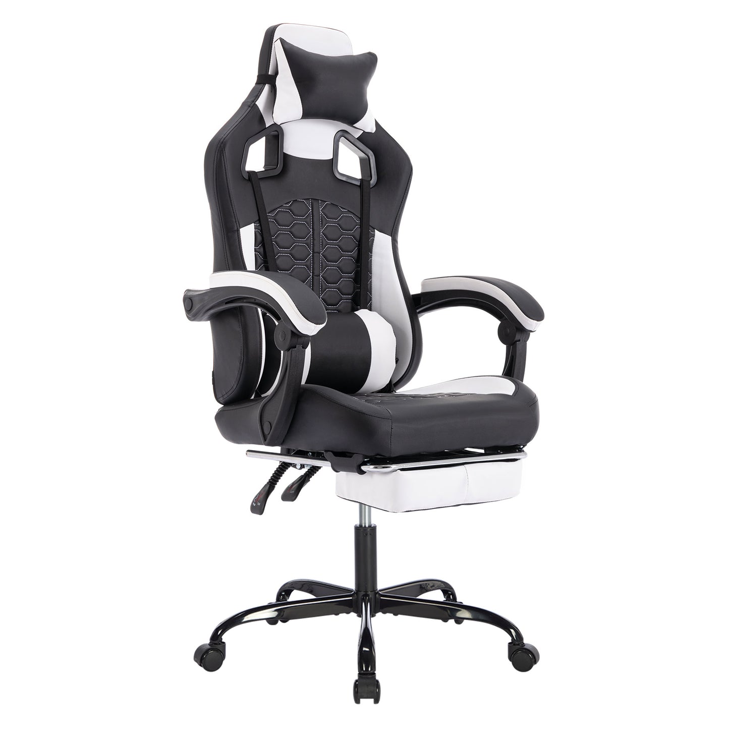 Ergonomic Gaming Chair with Massage & Footrest - Black & White