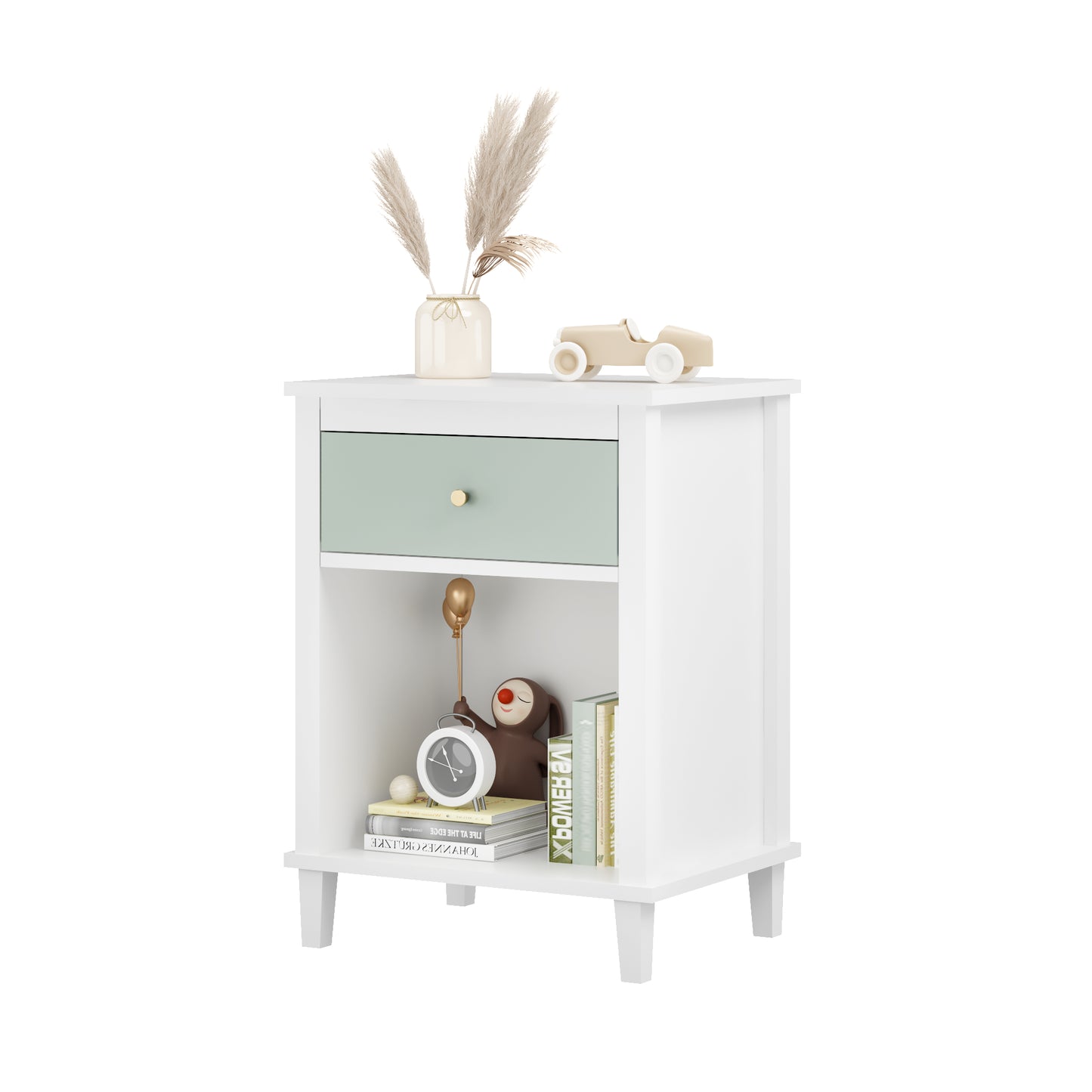 Wooden Nightstand with Drawer and Shelf - White & Green