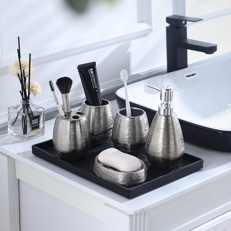 Handmade Vintage Ceramic Bathroom 5-Piece Set - Brushed Silver Finish