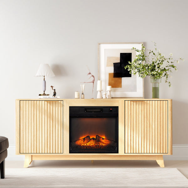Oak Fireplace TV Stand with 18-Inch Insert and Double Grid Doors