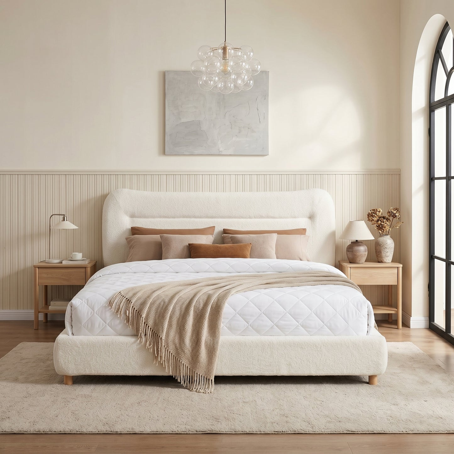 Queen Minimalist Curved Headboard Plush Bed - Cream