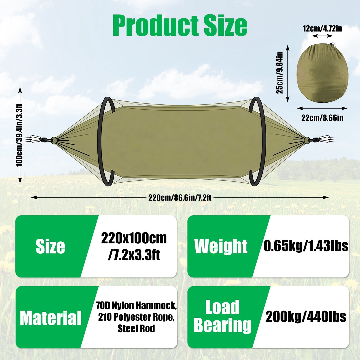 Portable Camping Hammock with Mosquito Net - 440lbs Capacity