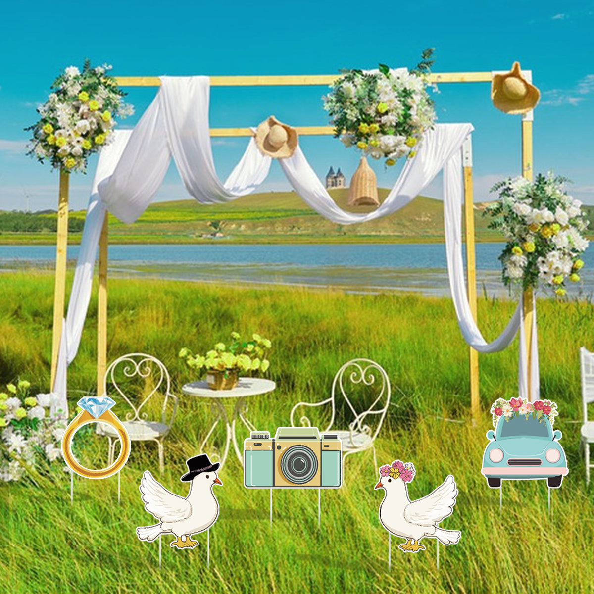 5-Piece Wedding Theme Yard Sign Set with Stakes - White