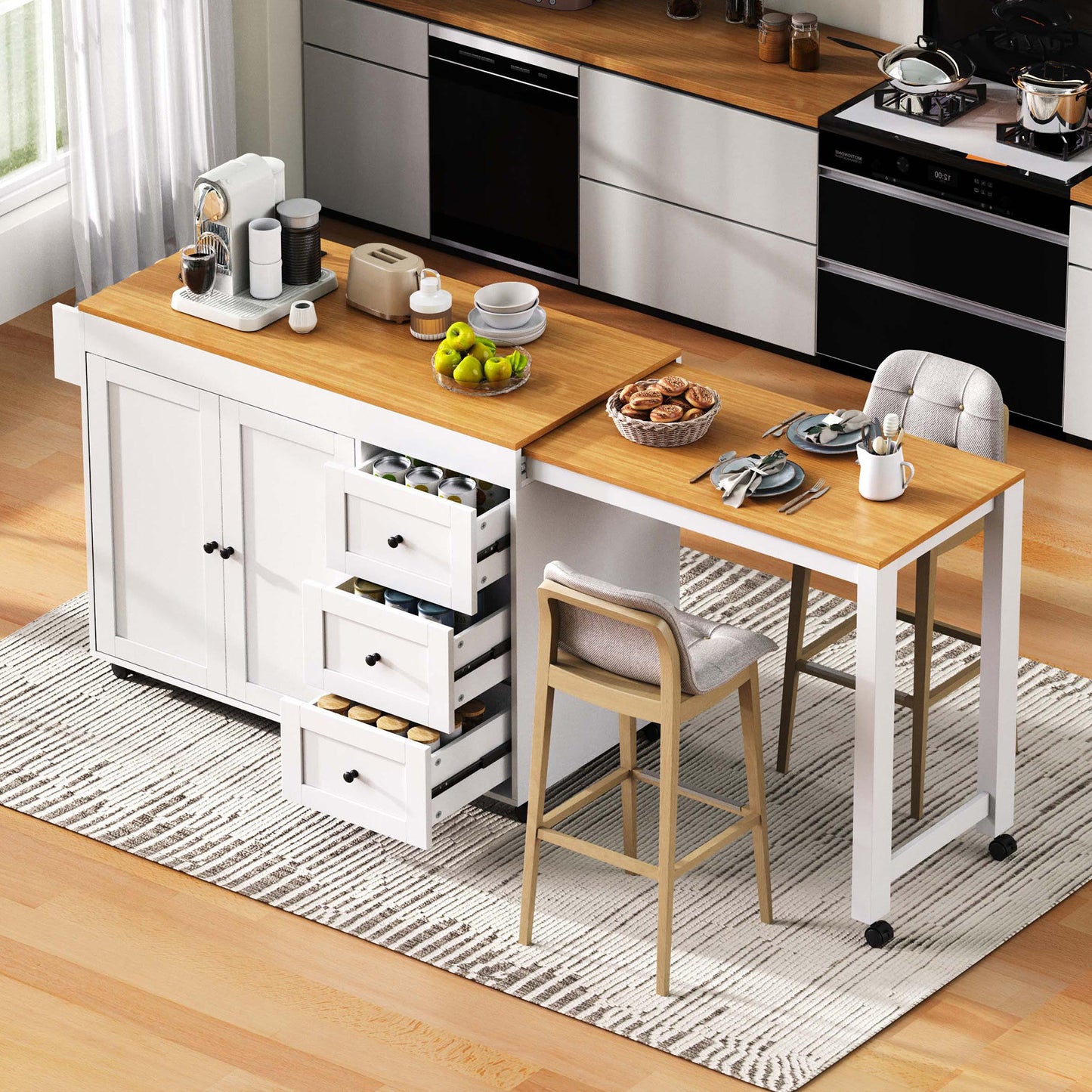 K&K 74.8 Kitchen Island With Extendable Dining Table, Storage Cart 3