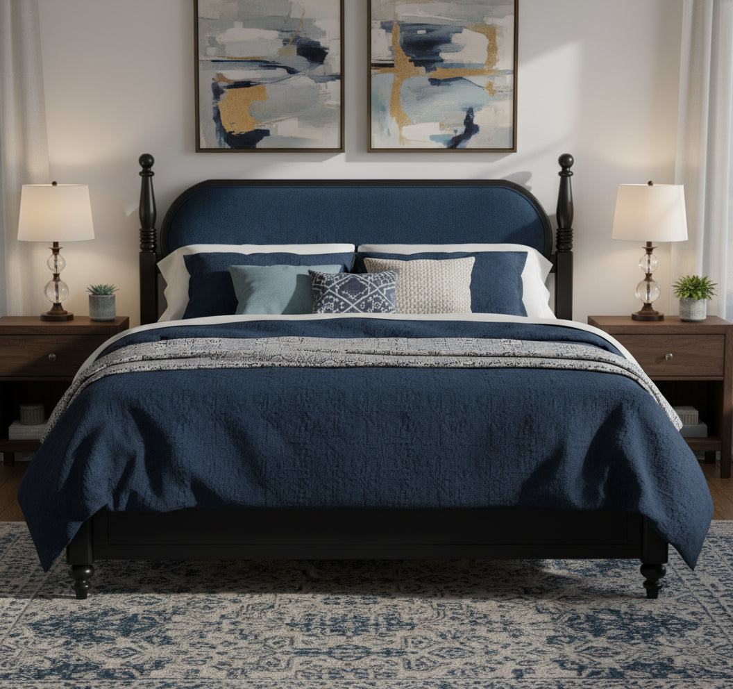 King Bed Frame - Solid Wood Platform, Modern Navy Blue & Black