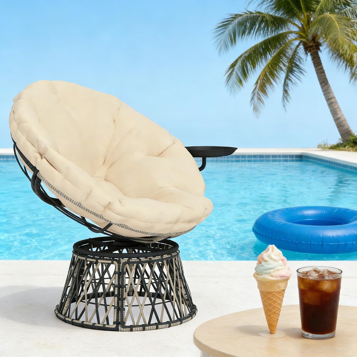 Swivel Papasan Chair - Outdoor Seating with Side Tray - Beige & Dark Gray