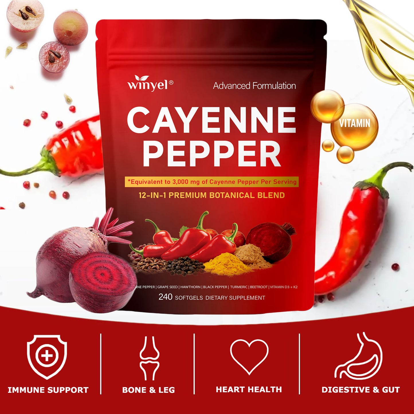 Cayenne Pepper Complex Supplement with Vitamins D3 K2 & Herbal Extracts