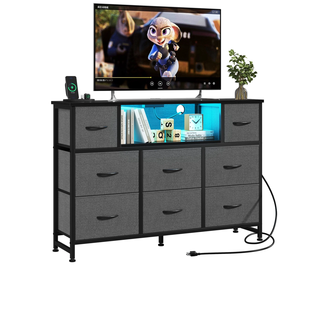 Storage Cabinet with 8 Fabric Drawers and Electrical Socket