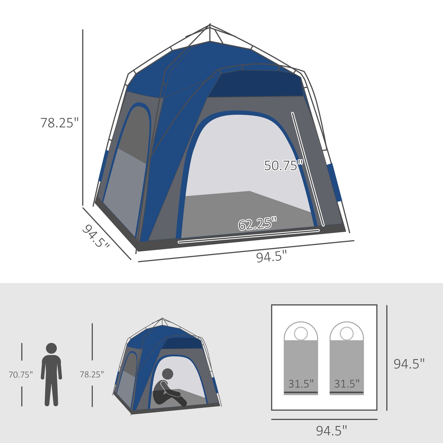 3-Person Pop-Up Camping Tent with Quick Setup & Windows - Blue