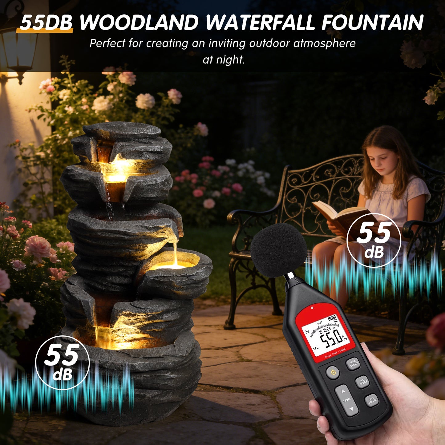 Outdoor Waterfall Fountain with Lights - Cascading Rock Design for Garden Patio Yard