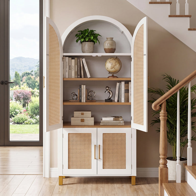 White Arched Rattan Cabinet with Adjustable Shelves - 4 Doors
