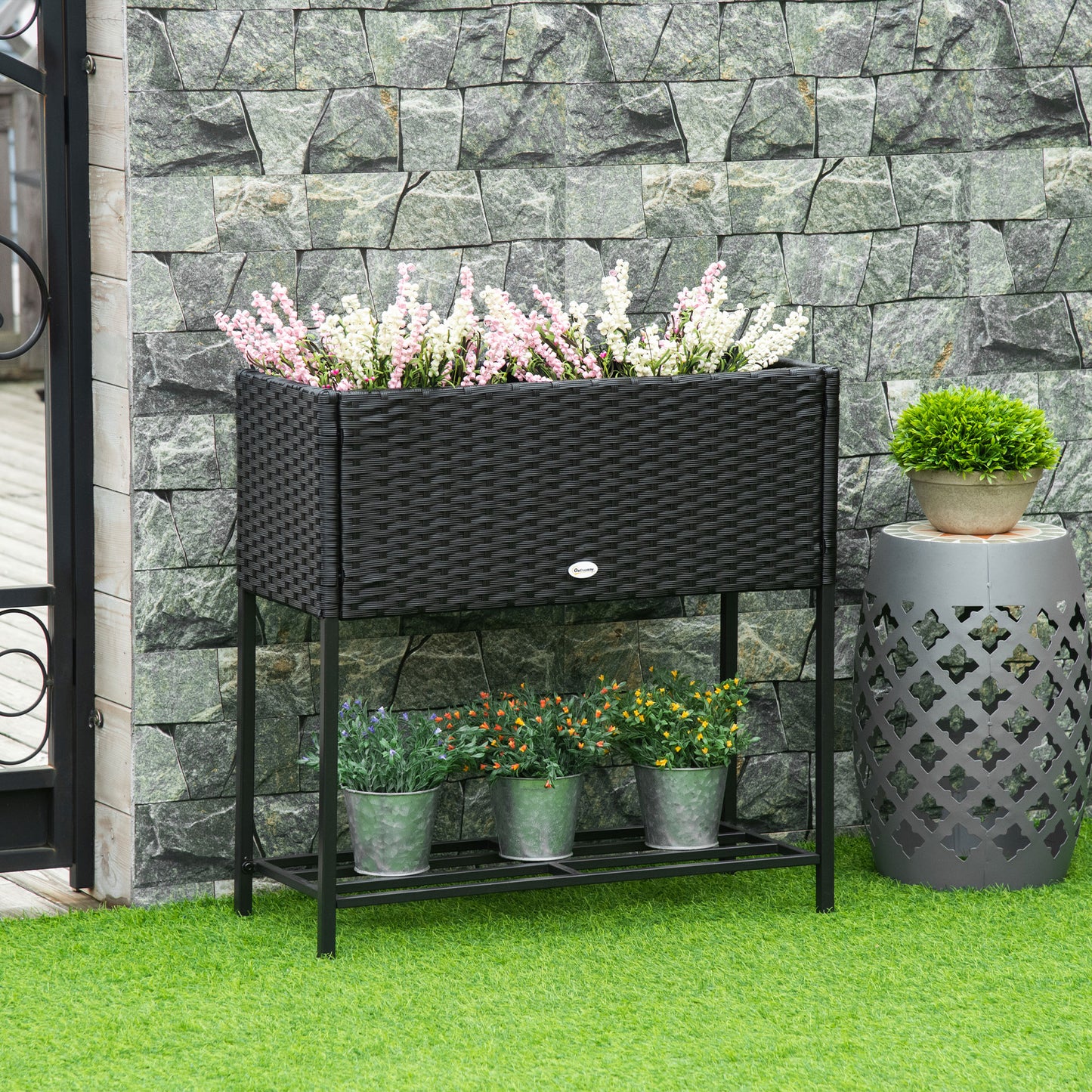 Raised Flower & Vegetable Planter Box with Storage Shelf - Black 730x130x320mm
