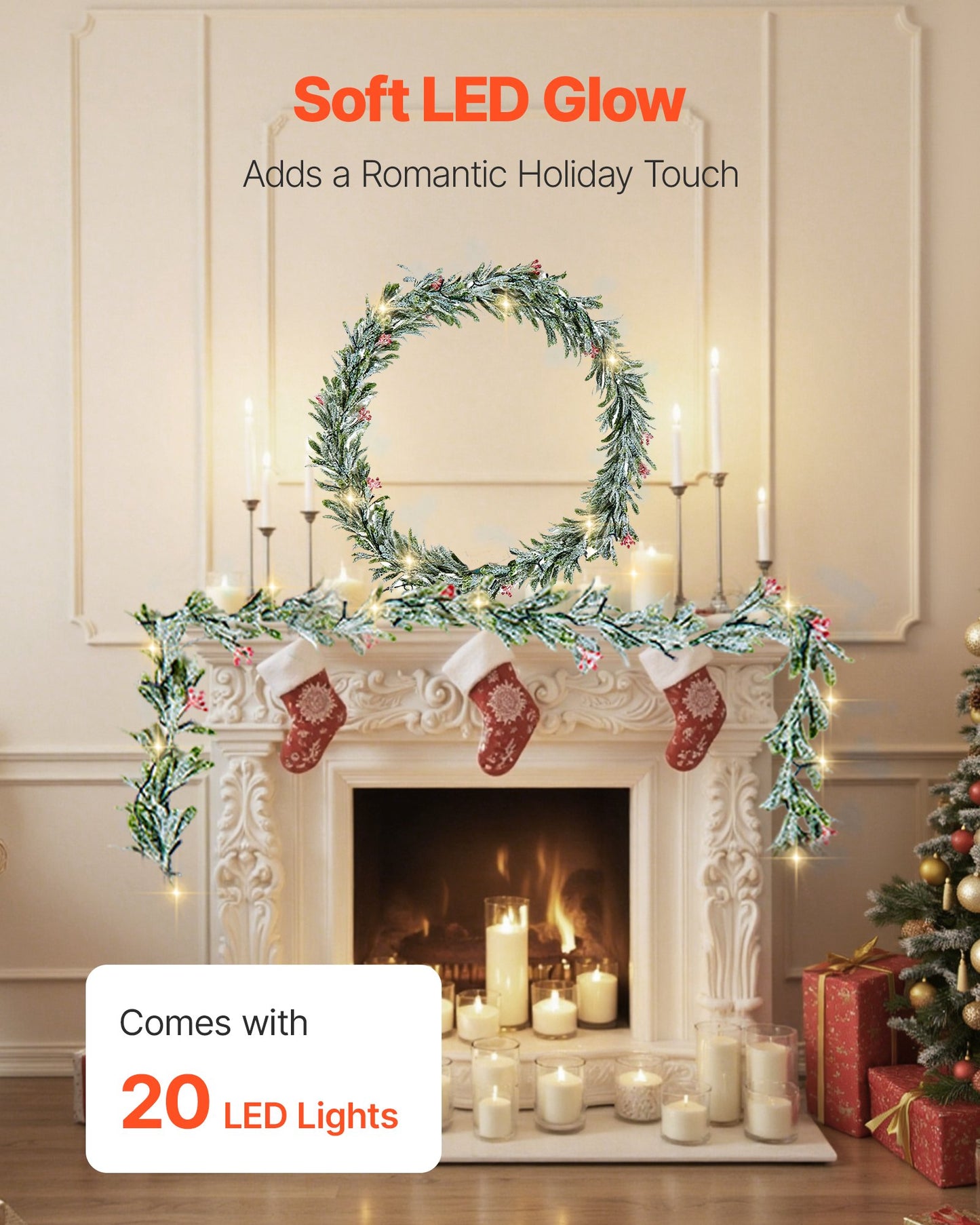 6.6Ft Christmas Garland with Vines, Olive Leaves, Berries & Warm White LED Lights