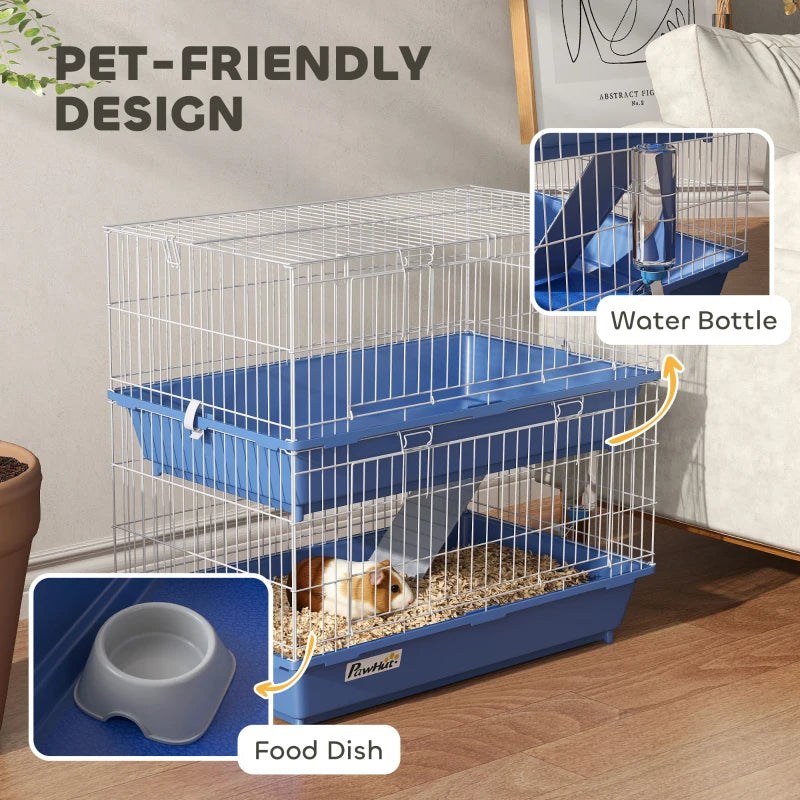 2-Tier Small Animal Cage with Ramp and Accessories - Indoor Guinea Pig, Chinchilla, Ferret Habitat in Blue & Gray