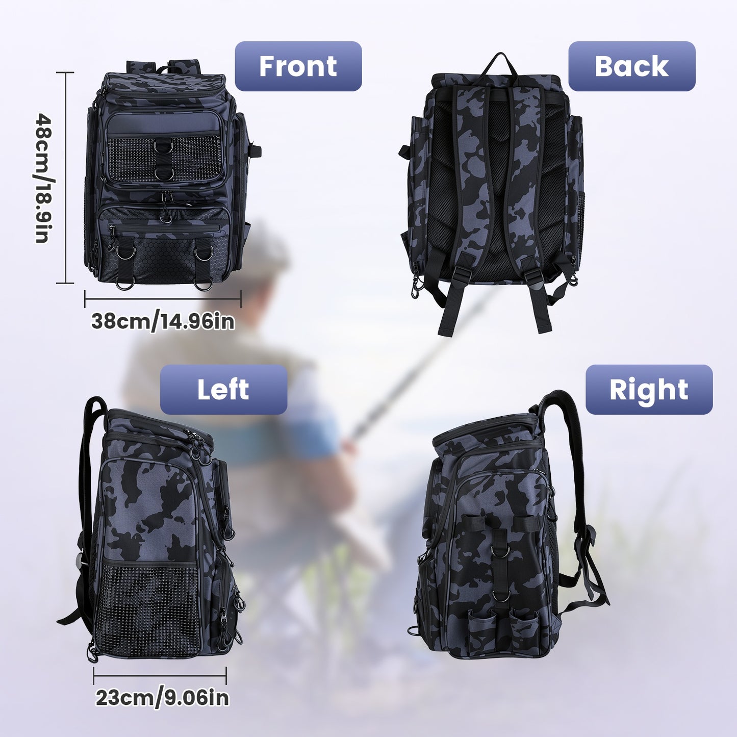 42L Fishing Backpack with 16 Pockets & Rod Holders - Camouflage