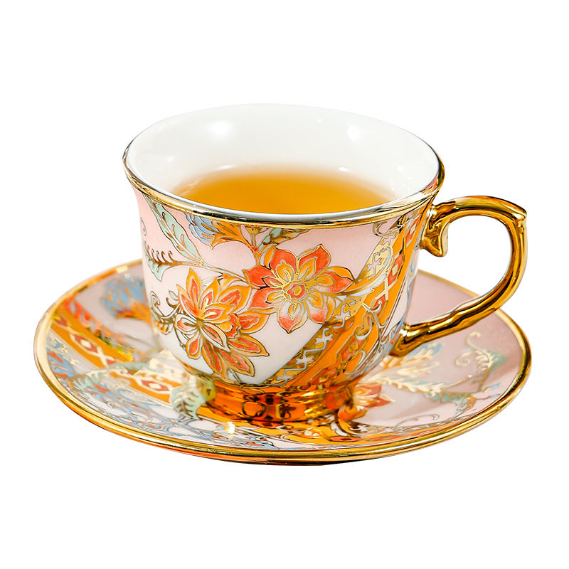 Gold-Rimmed Ceramic Coffee Cup Set with Saucers - 6 Pcs Home Drinkware