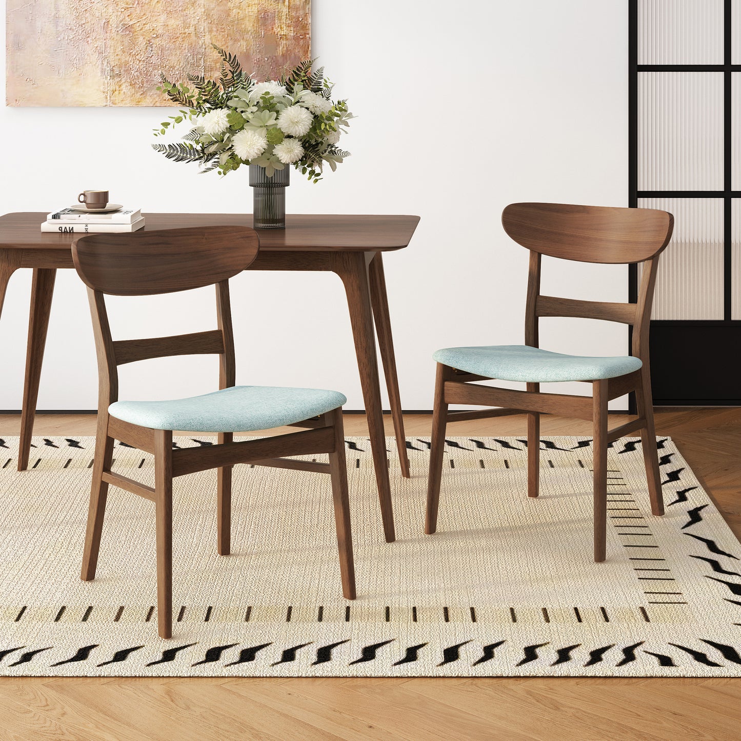 Set of 2 Mid-Century Dining Chairs - Upholstered Seat, Rubberwood Legs