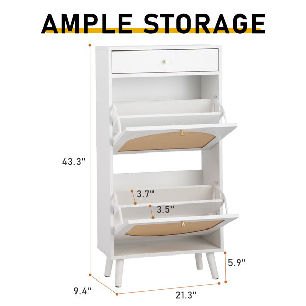 Shoe Cabinet with Drawer and 2 Flip-Top Compartments - White