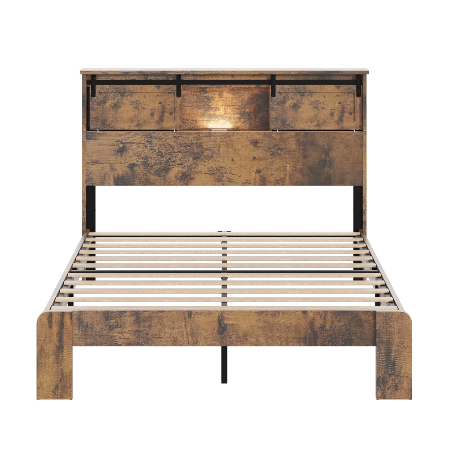 Queen Metal Platform Bed Frame with Charging Station - Dark Brown