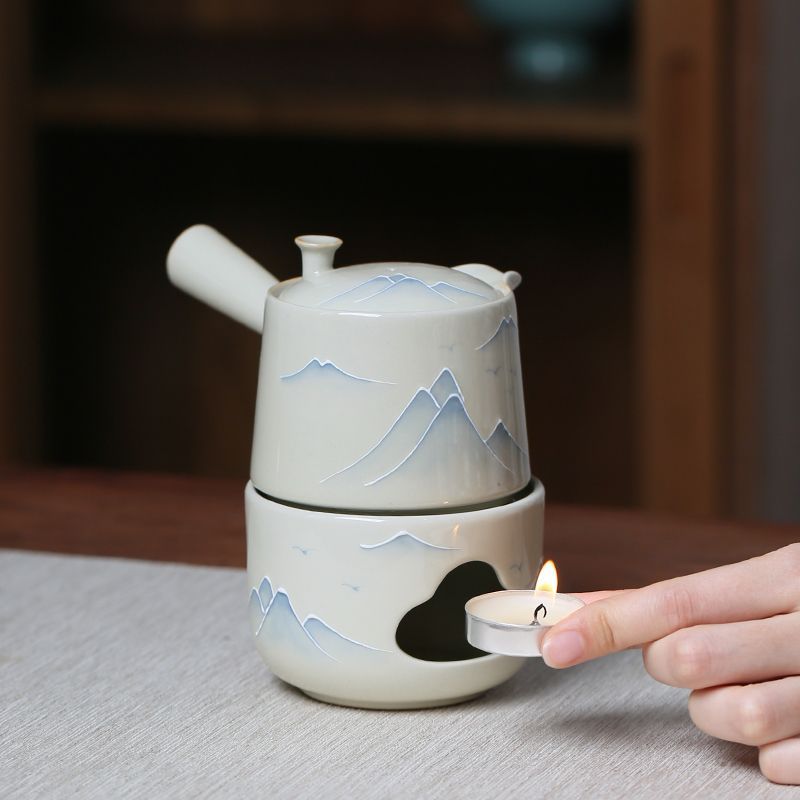 Hand-Painted Ceramic Tea Stove with Side Handle and Landscape Design