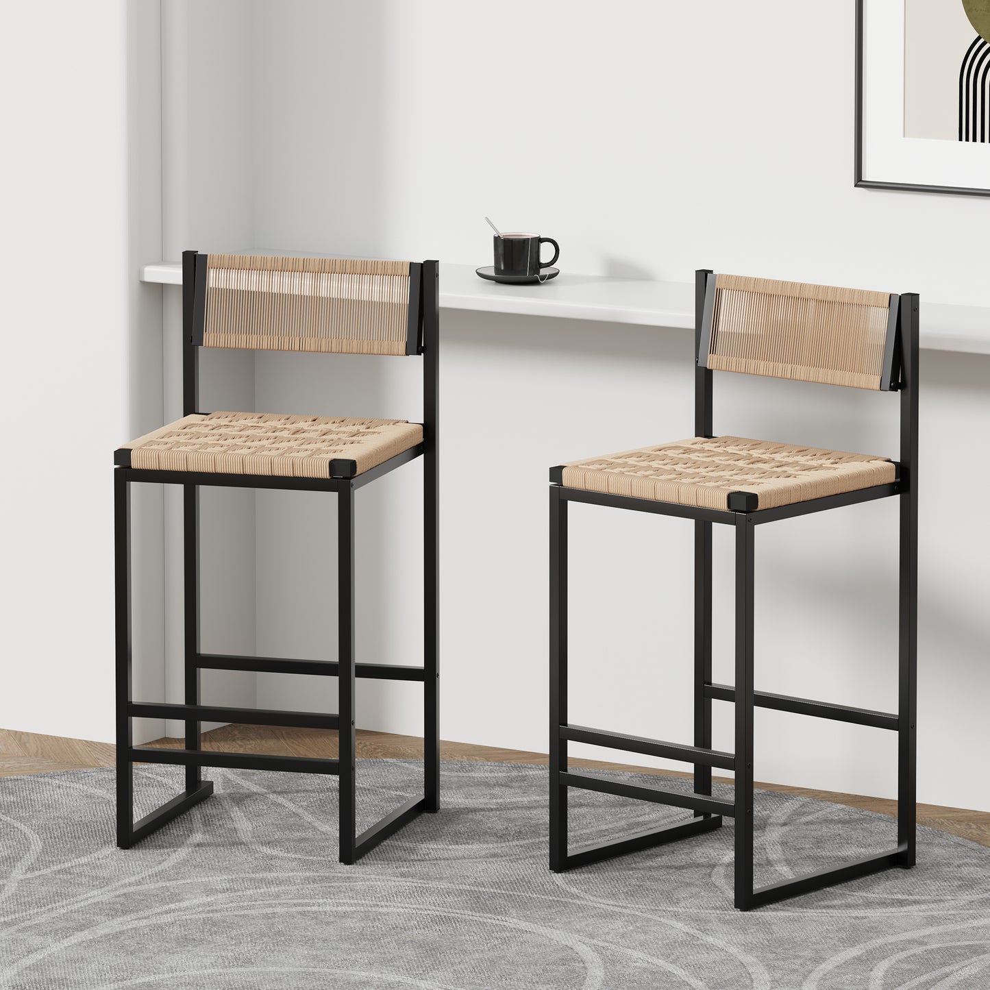 Set of 2 Kitchen Bar Stools with Footrest - Paper Rope Weave, Honey